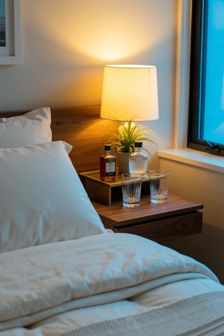 Wooden nightstand in bedroom styled as mini whiskey bar with lamp, glasses, bourbon bottle, and potted plant beside white bed