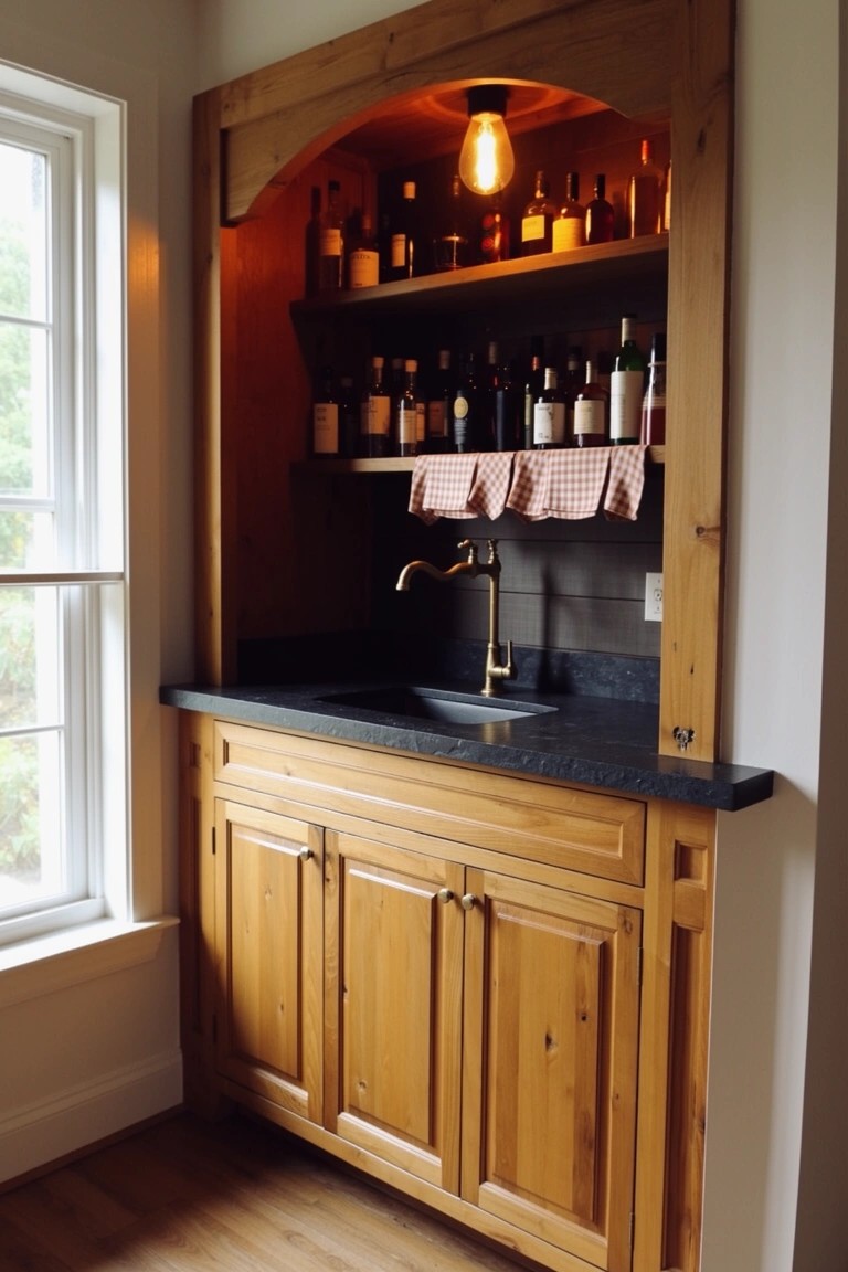 Wooden built-in wet bar cabinet with arched bottle shelves and integrated black sink