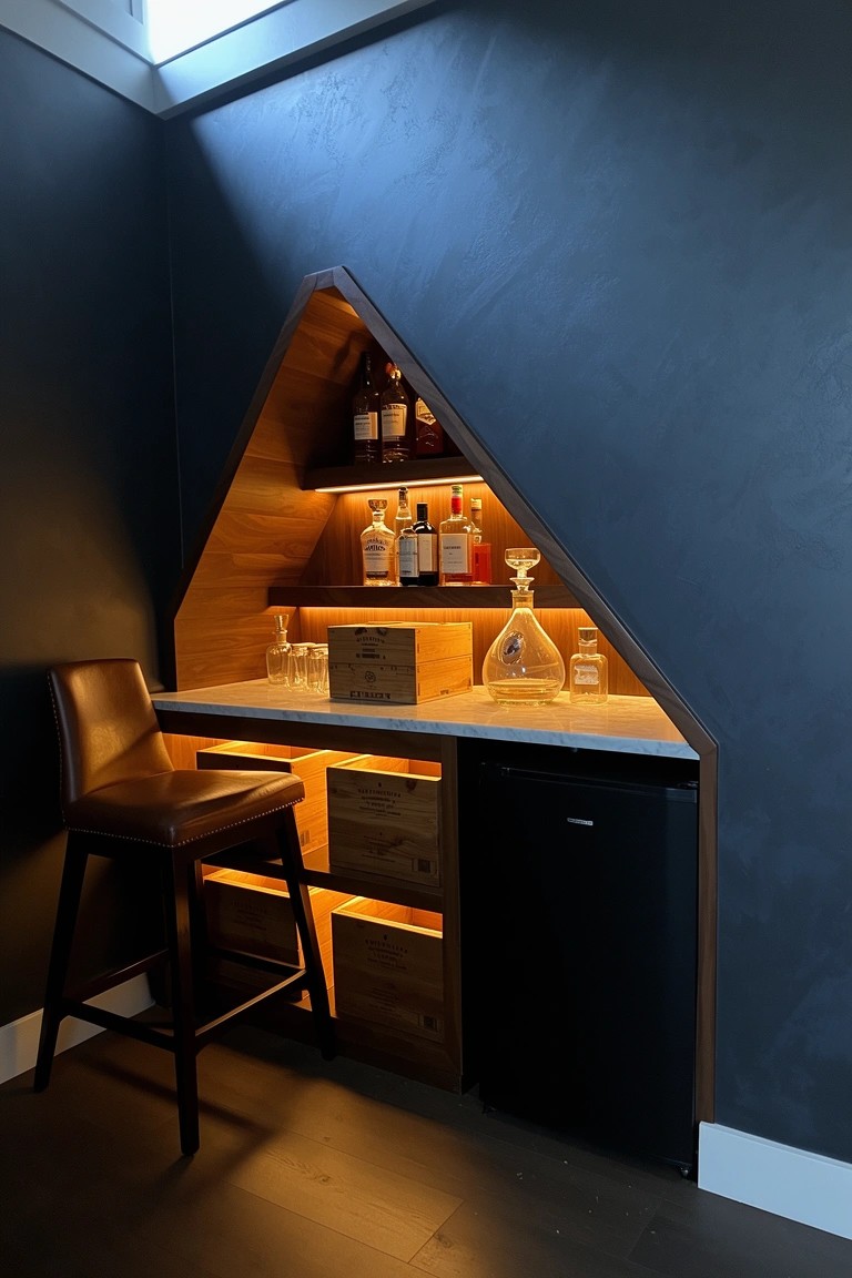 Triangular built-in whiskey bar in dark corner with wood shelves, lit bottles, leather stool, drawers, and mini fridge