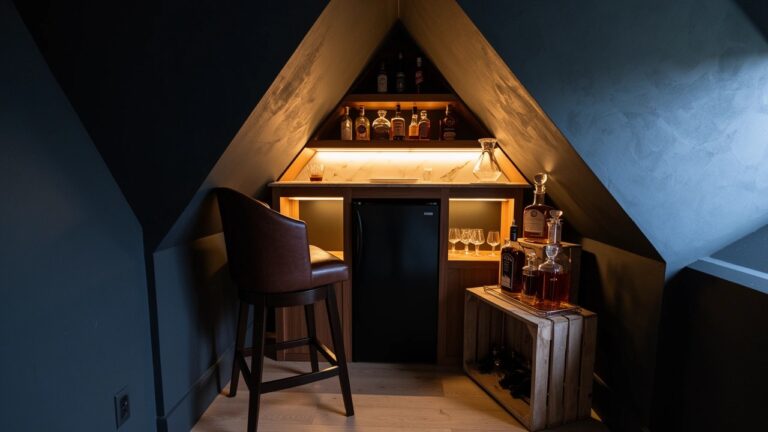 25 Smart Whiskey Bar Ideas For Home That Maximize Style Triangular built-in whiskey bar in dark corner with wood shelves, lit bottles, leather stool, drawers, and mini fridge