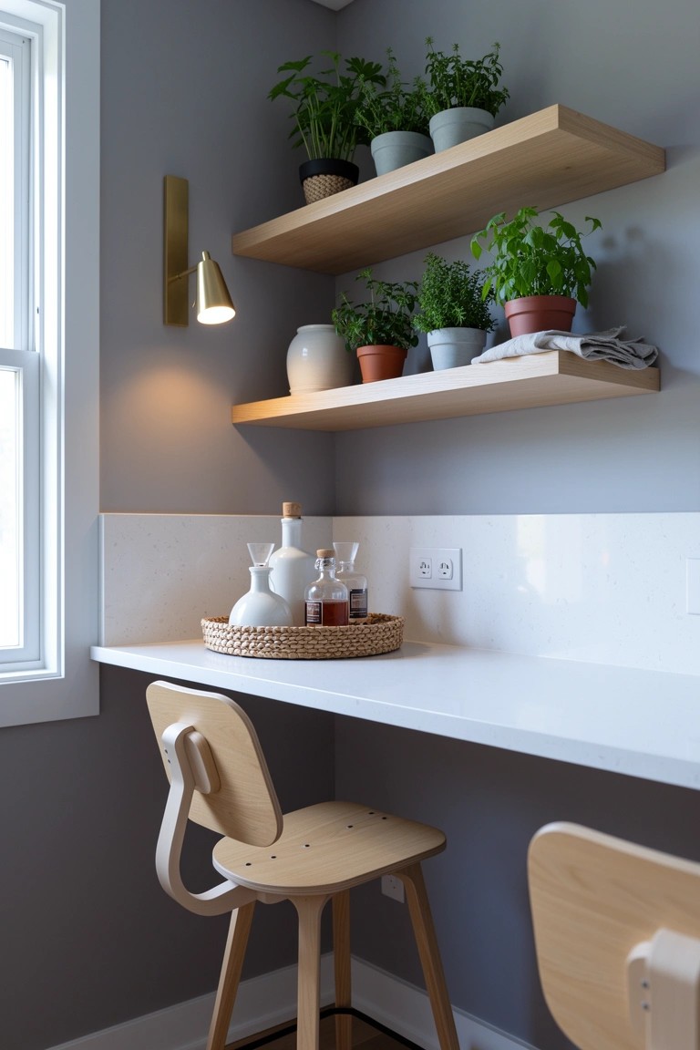 Corner counter bar setup with floating wooden shelves displaying potted plants and a tray of whiskey bottles below on white countertop with wooden stool