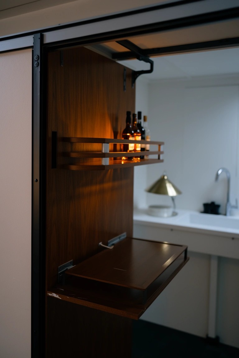 Wooden wall shelf holding whiskey bottles above a fold-down tray over a white sink in a compact home bar nook
