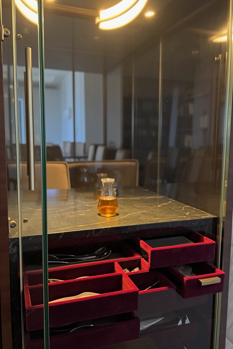 Sleek glass-fronted black cabinet as a home whiskey bar with marble shelf, amber decanter, and red velvet-lined drawers