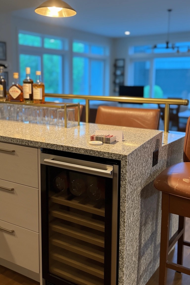 Kitchen island with whiskey bottles on the granite countertop and built-in wine fridge below, plus bar stools and pendant light