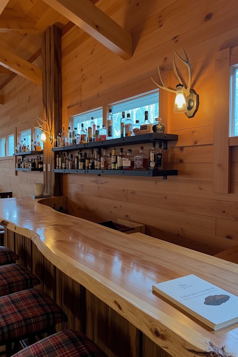 Rustic log cabin whiskey bar with curved wooden top, open bottle shelves, antler wall lights, and plaid stools