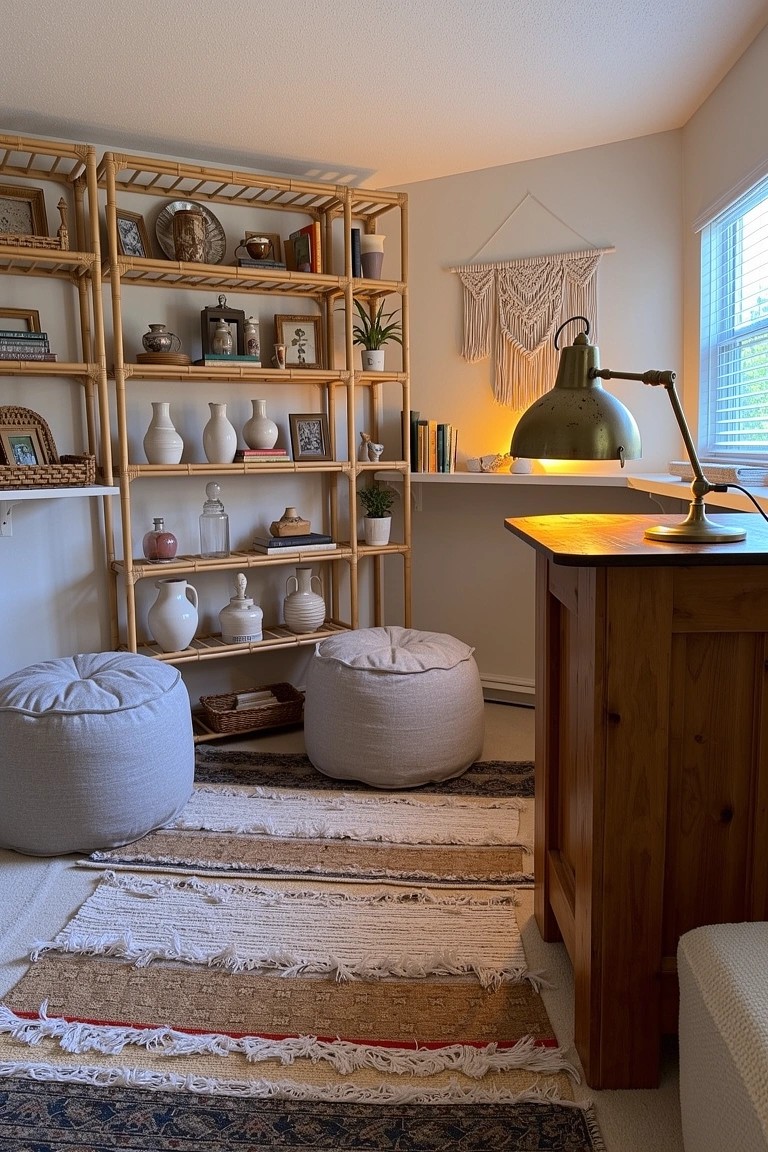 Cozy corner setup with tall wooden open shelves displaying bottles, jars, books, and plants next to a desk, white poufs, layered rugs, and a warm desk lamp