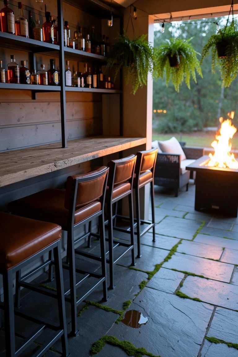 Rustic wooden bar counter on outdoor patio with open shelves of whiskey bottles, hanging plants, leather bar stools, and nearby fire pit