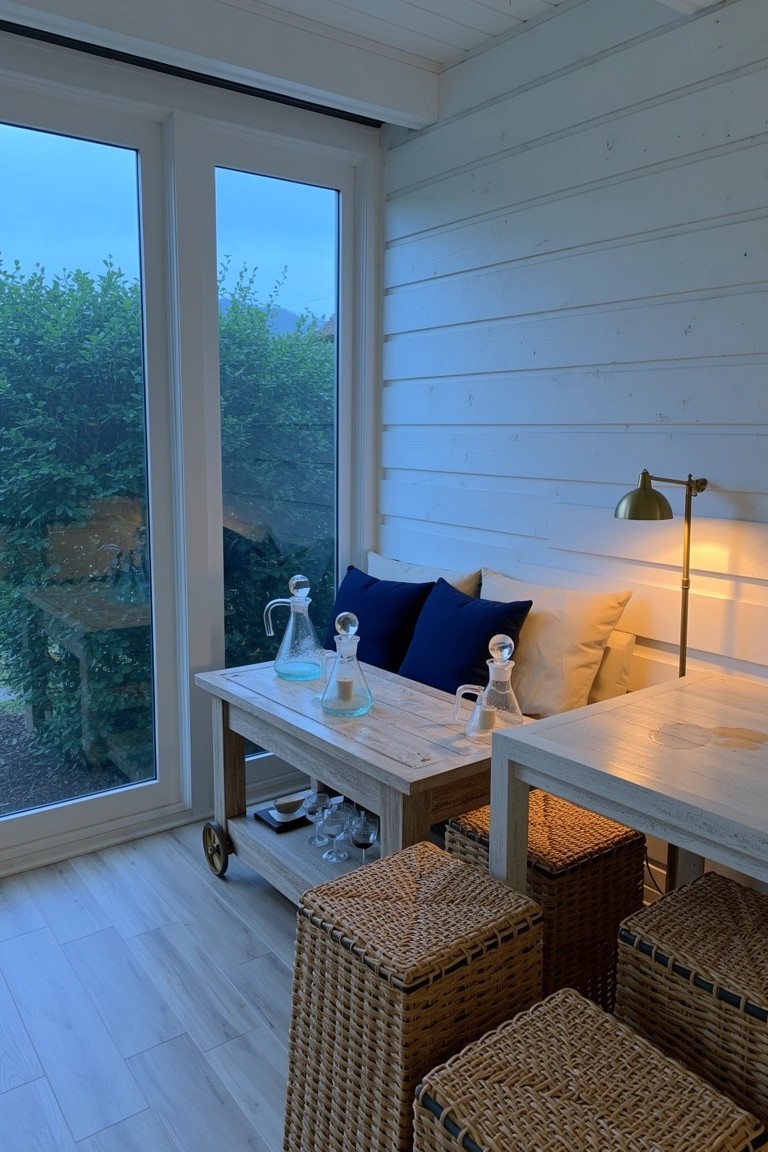 Cozy white wood-paneled nook with built-in bench, blue pillows, low wheeled table holding glass whiskey carafes, wicker stools, brass lamp, and large glass doors to garden view
