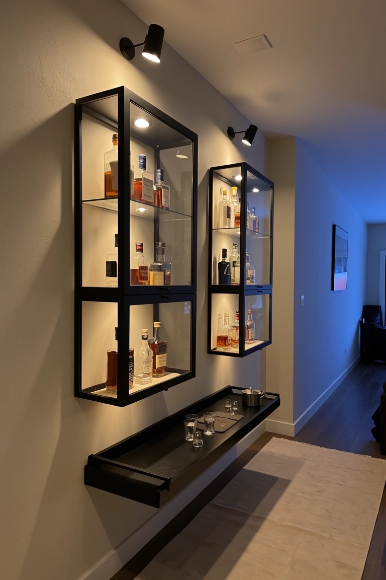Black-framed glass wall cabinets displaying whiskey bottles with lighting, above a floating shelf holding glasses in a hallway