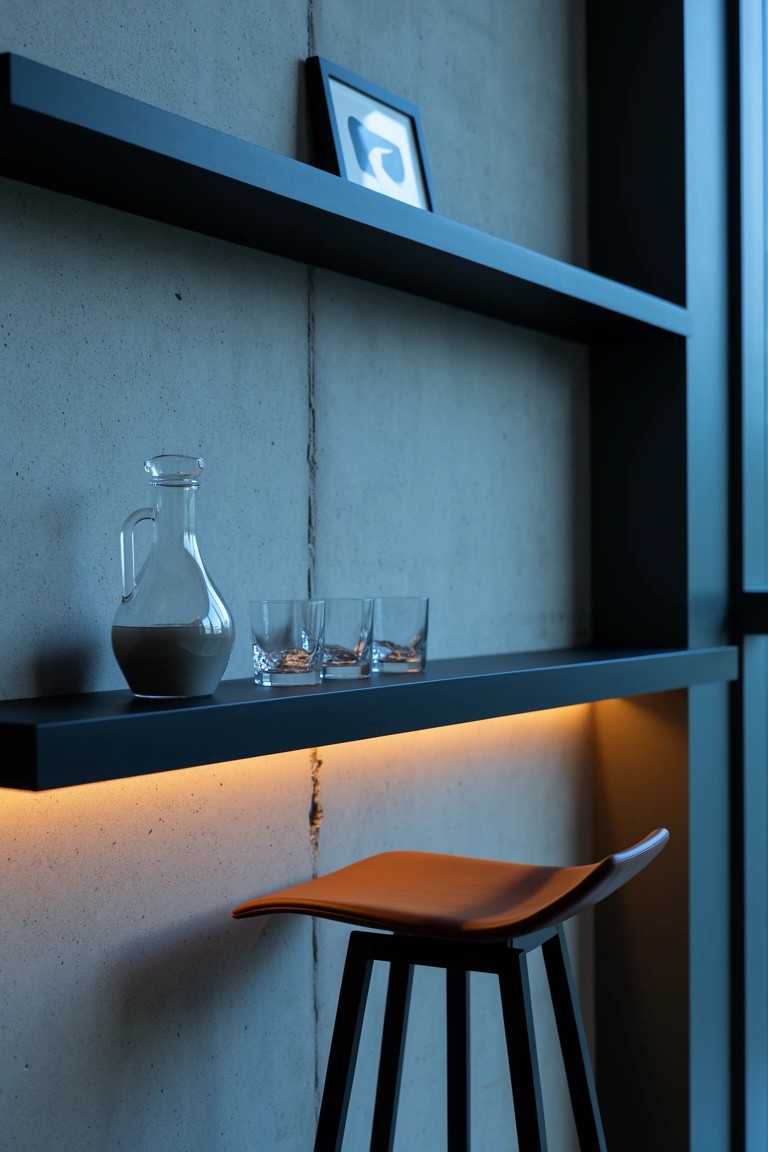 Concrete wall with black floating shelves lit from below holding a glass decanter and whiskey glasses, orange stool positioned underneath