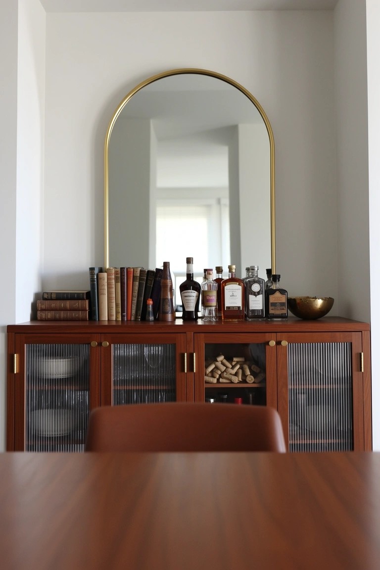 Recessed wooden cabinet bar in white alcove with arched gold mirror above and whiskey bottles on display