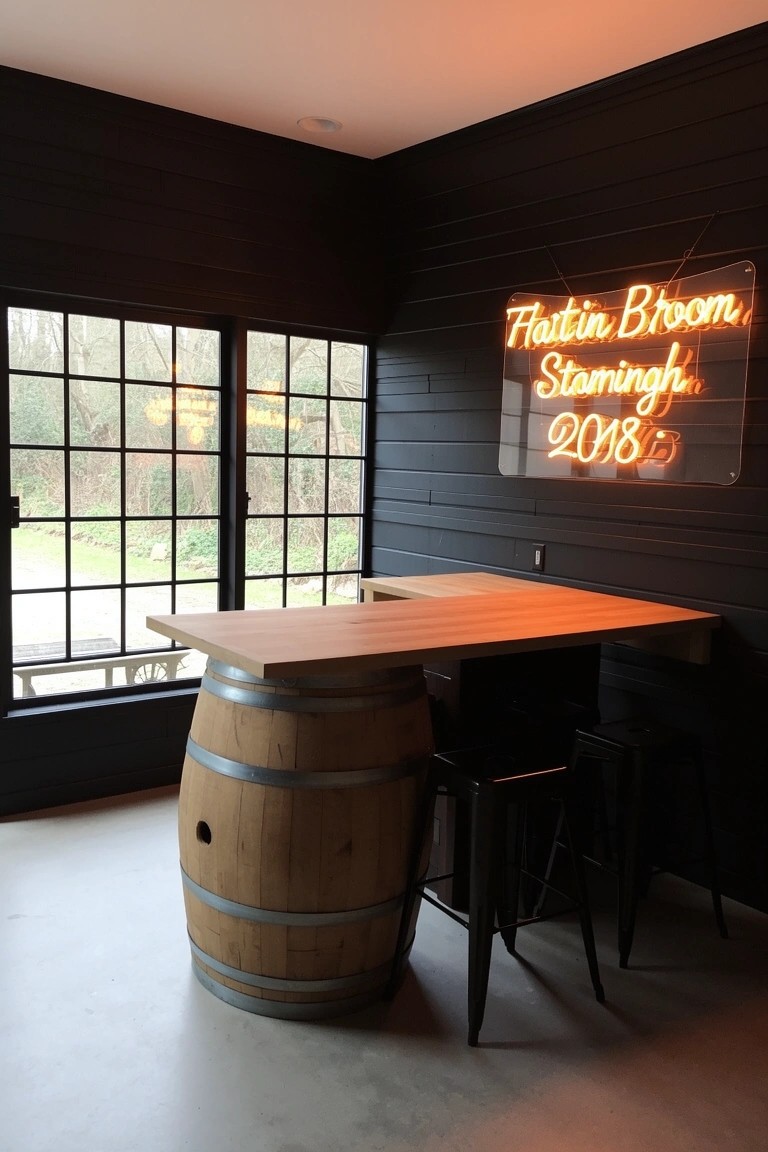 Home whiskey bar corner with wooden counter on whiskey barrel base, black shiplap walls, neon sign, bar stools, and large window