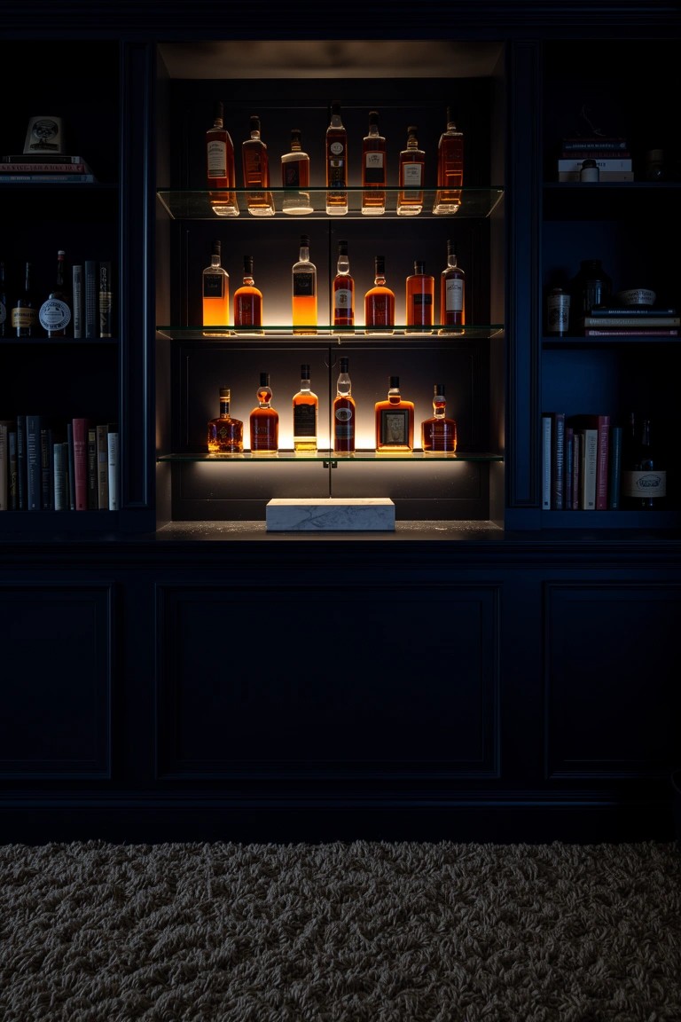 Dark wood built-in cabinet with backlit shelves displaying rows of whiskey bottles and a white marble slab at the base