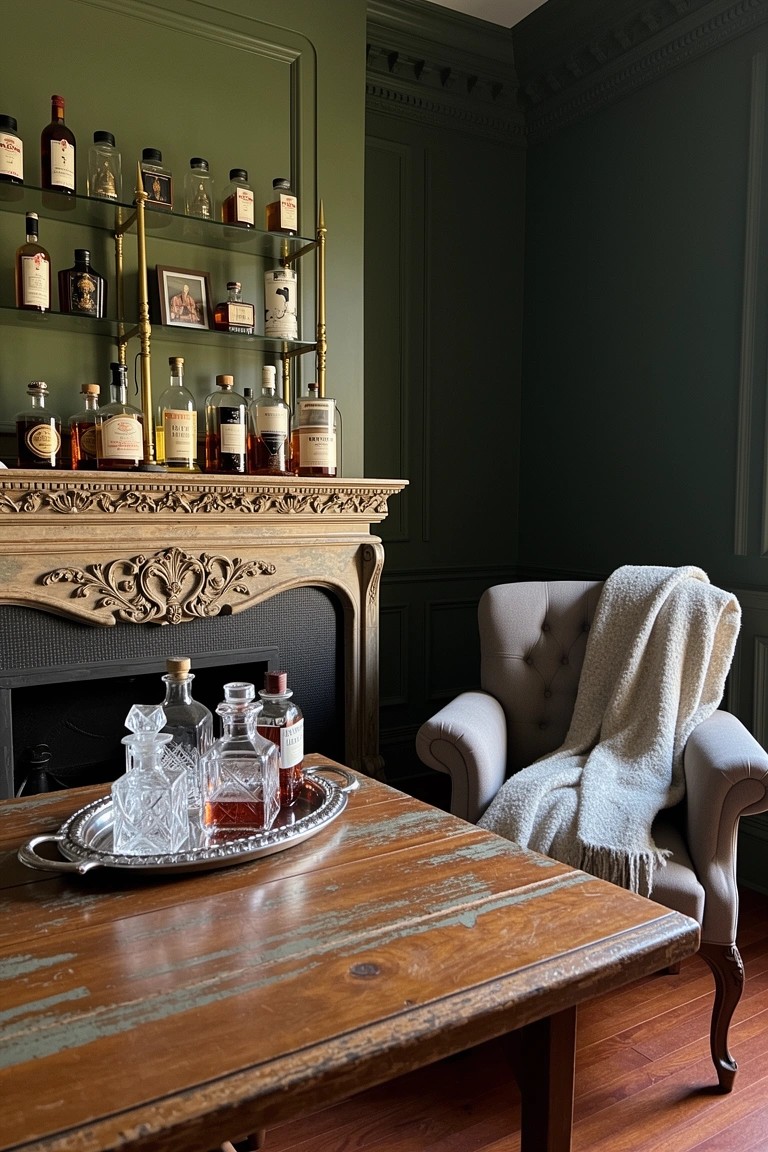 Green paneled room with brass shelves full of whiskey bottles flanking ornate fireplace mantel, tray of bottles on wood table, armchair with blanket nearby