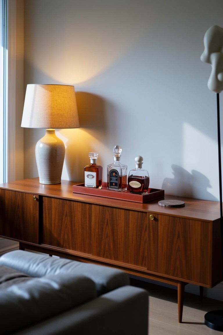 Wooden credenza with whiskey bottles arranged on a red tray, lamp and white sculpture nearby