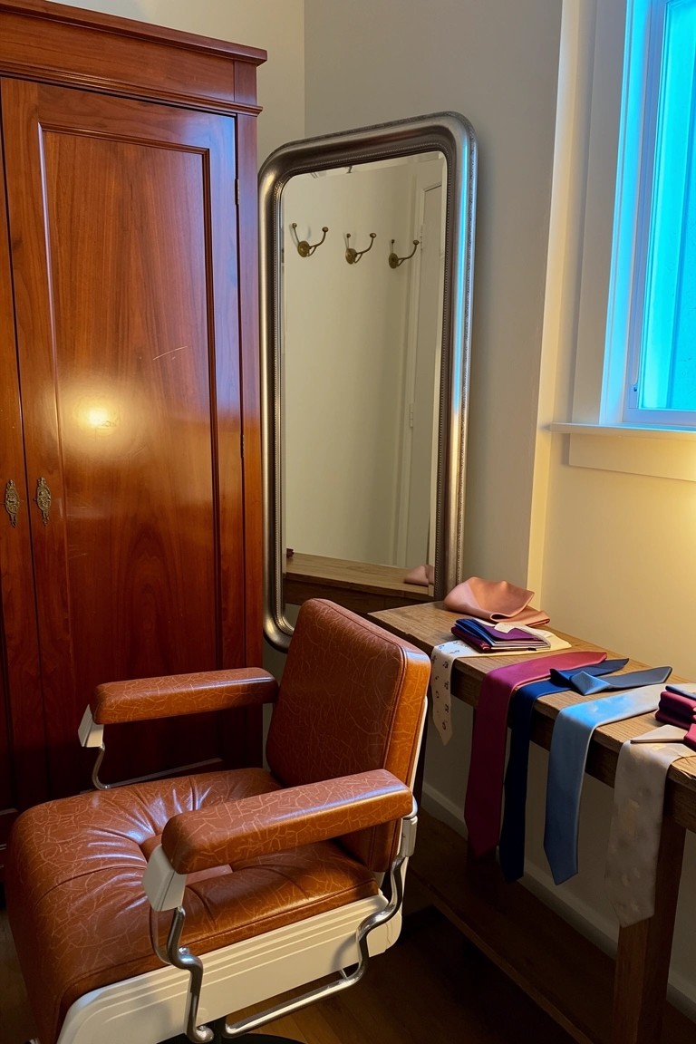Vintage orange leather barber chair in corner with wooden wardrobe, mirror, and colorful ties on side table