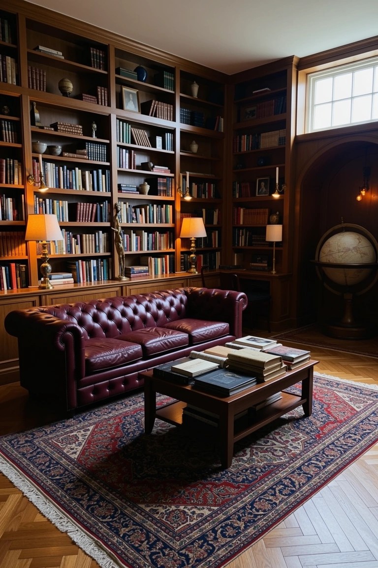 Cozy vintage study lined with wooden bookshelves, burgundy leather sofa facing a wooden coffee table on a Persian rug