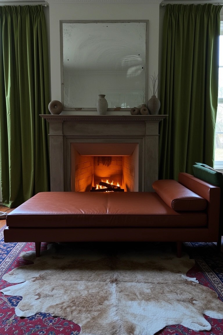 Red leather chaise lounge positioned in front of a lit stone fireplace in a room with green curtains and layered rugs