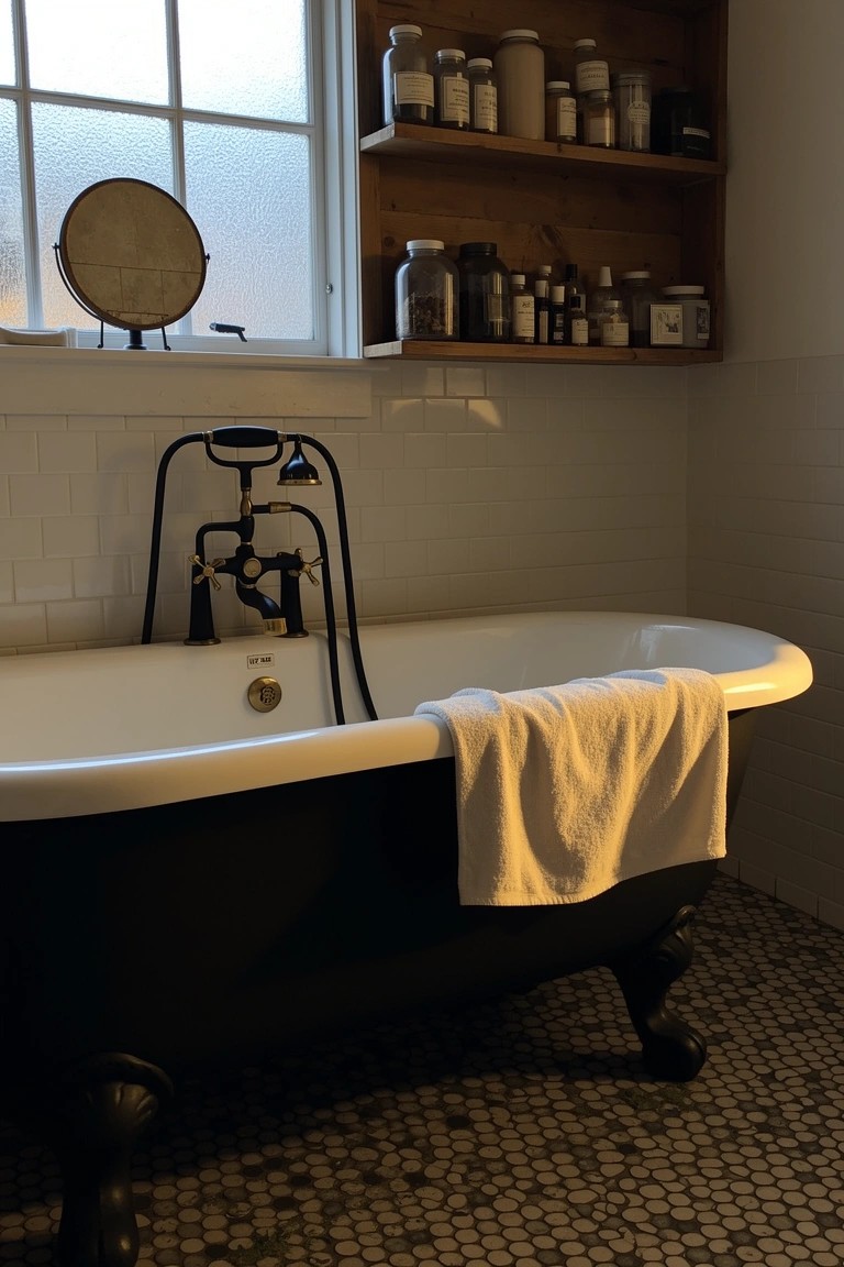 Black clawfoot bathtub with brass faucet in a simple tiled bathroom
