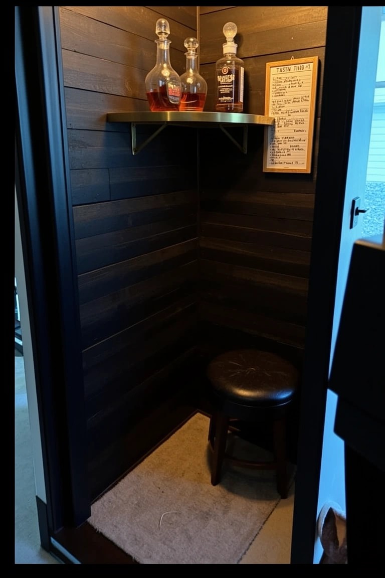 Dark wood-paneled corner nook with whiskey bottles on shelves, leather stool, and framed sign above