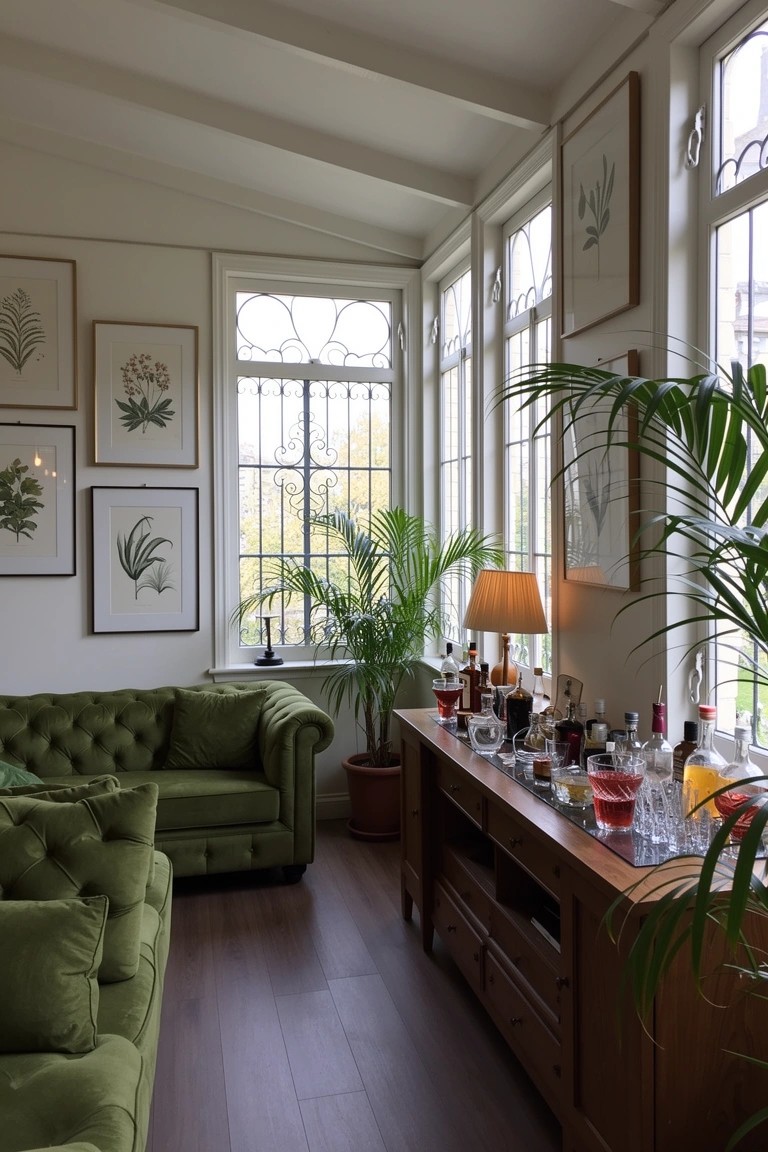 Sunlit conservatory lounge with wooden console bar stocked with liquor bottles and glasses, flanked by green tufted sofas and potted plants