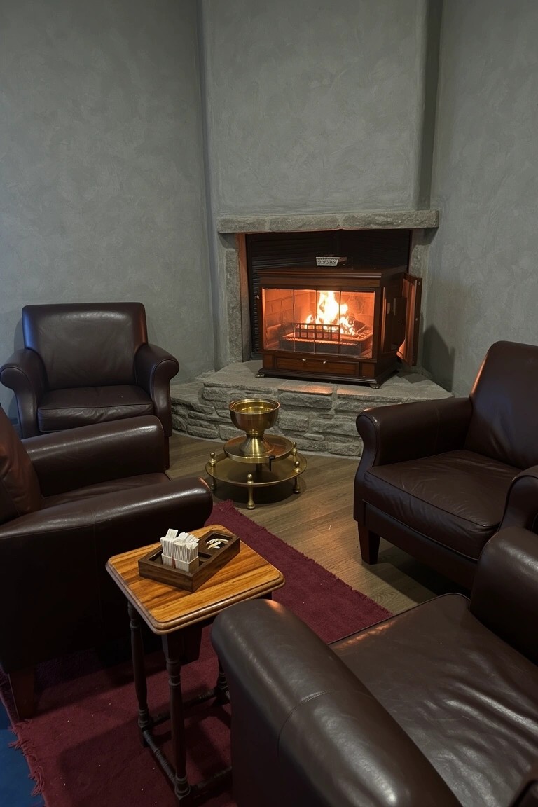 Cozy lounge nook featuring a lit corner fireplace surrounded by brown leather armchairs, a wooden side table, and brass accents on a plush rug