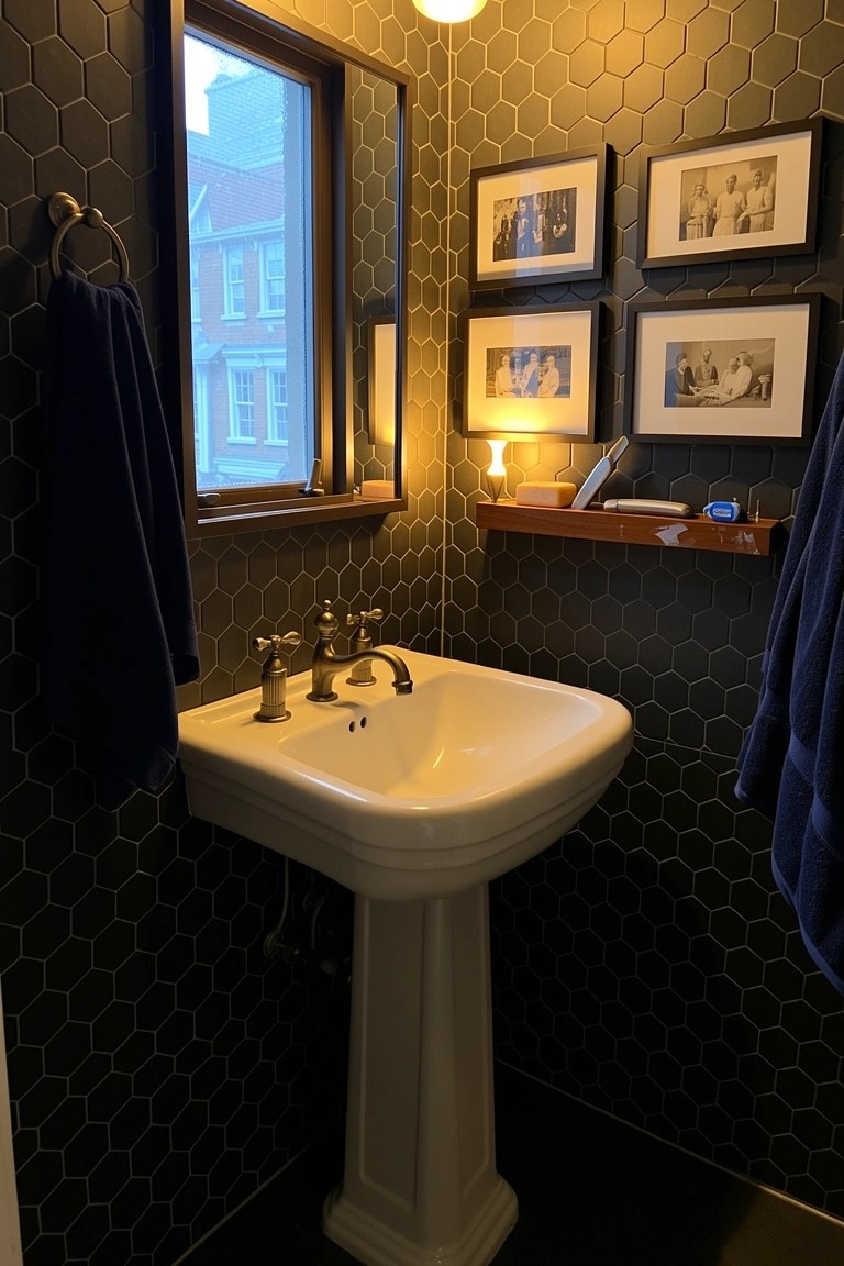 Small vintage-style powder room with black hexagonal tile walls, white pedestal sink, navy towels draped nearby, black-and-white photos in frames, and warm lamp light.