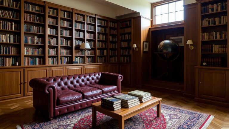 Cozy vintage study lined with wooden bookshelves, burgundy leather sofa facing a wooden coffee table on a Persian rug