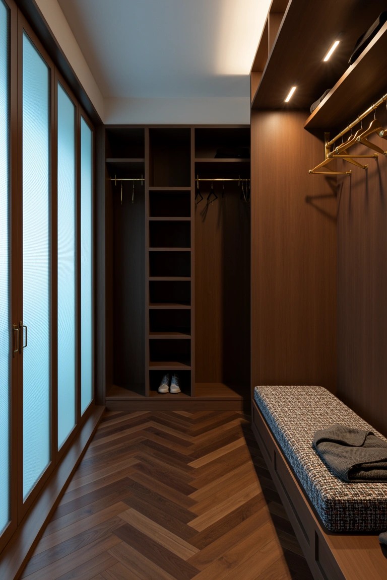 Walk-in wardrobe room with warm wood cabinetry, open shelving, hanging rods, frosted glass doors, herringbone wood floor, and built-in cushioned bench