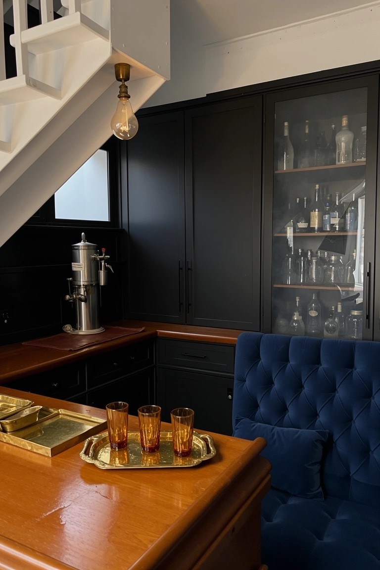 Dark cabinets with glass doors displaying liquor bottles beside a wooden bar counter holding a brass tray with orange glasses and a blue velvet tufted chair