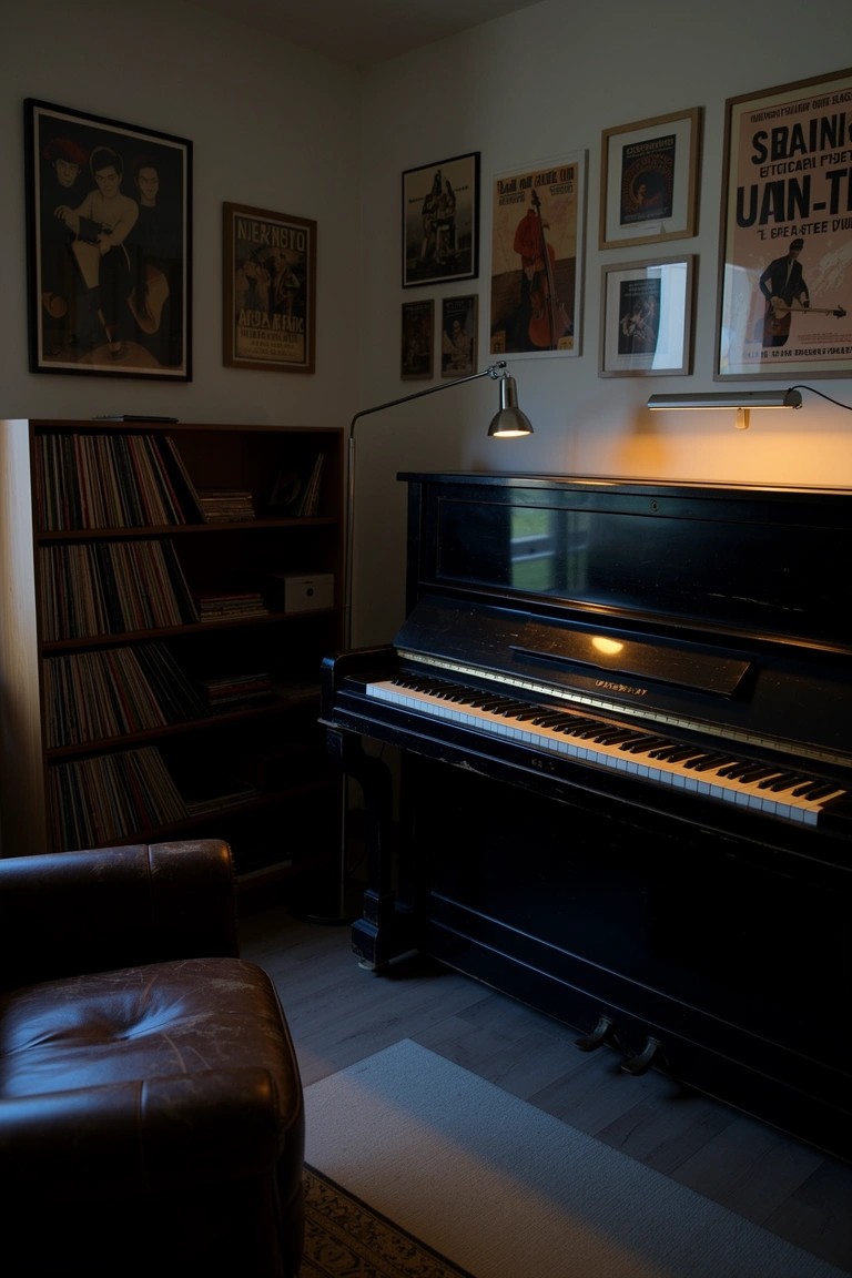 Corner study with black grand piano, wooden bookshelves, leather armchair, vintage posters, and soft lamp lighting