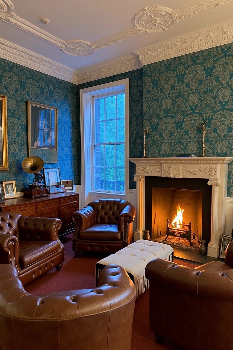 Teal damask wallpapered study with leather armchairs grouped around a lit white fireplace