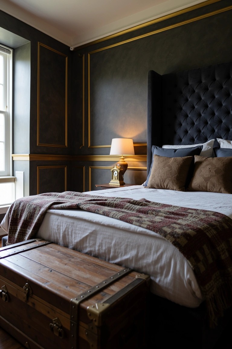 Vintage wooden trunk used as storage and bench at the foot of a tufted bed in a dark paneled bedroom