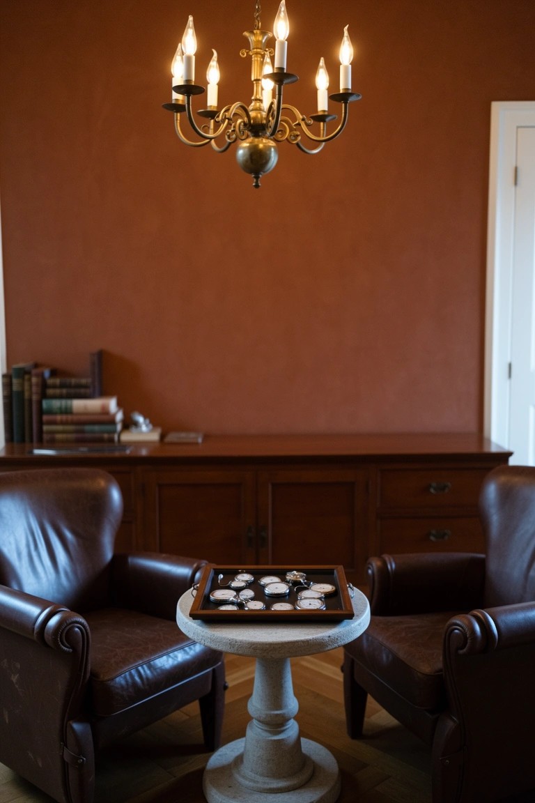 Two brown leather armchairs facing each other around a small white pedestal table with a tray of white pebbles, terracotta walls, wooden sideboard with books, and gold chandelier overhead