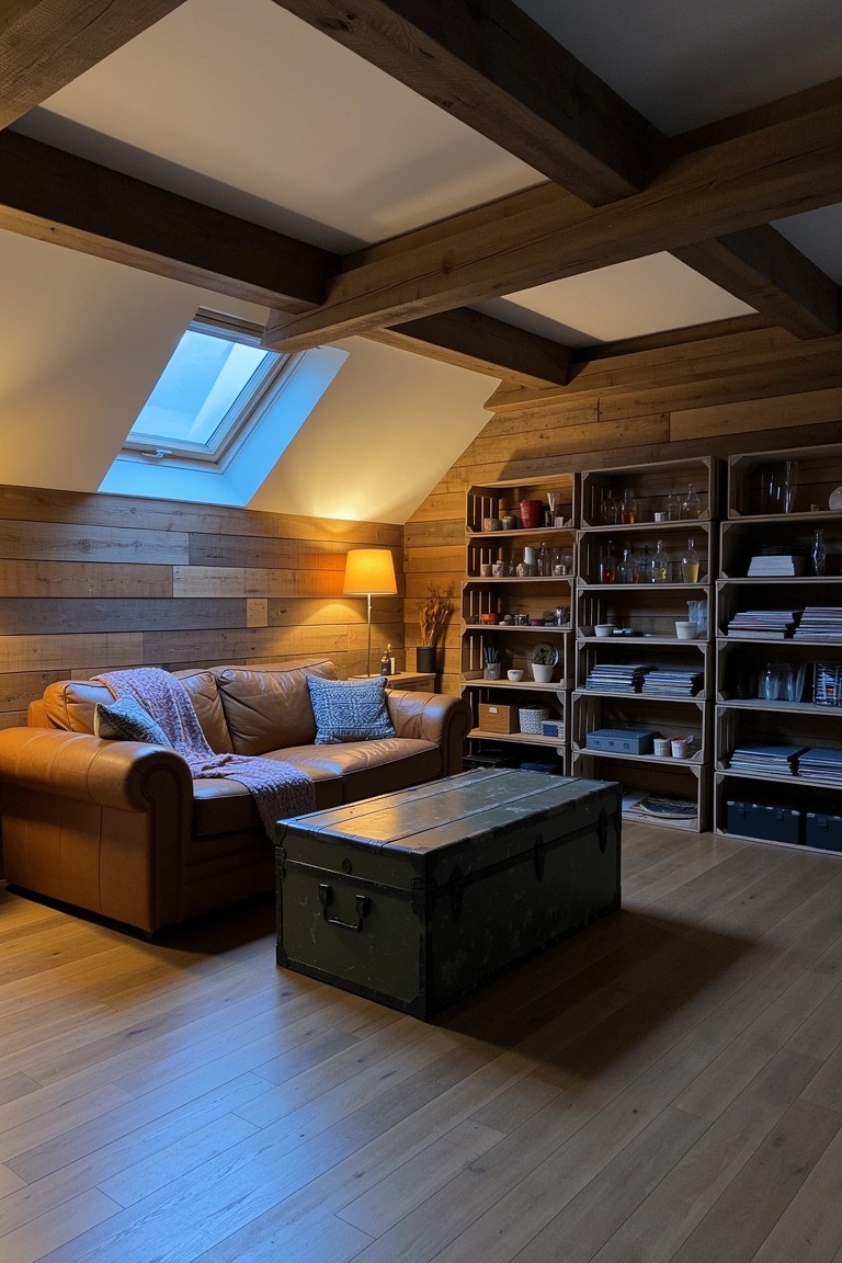 Rustic attic room with wooden trunk coffee table, leather sofa, open bookshelves, and exposed beams