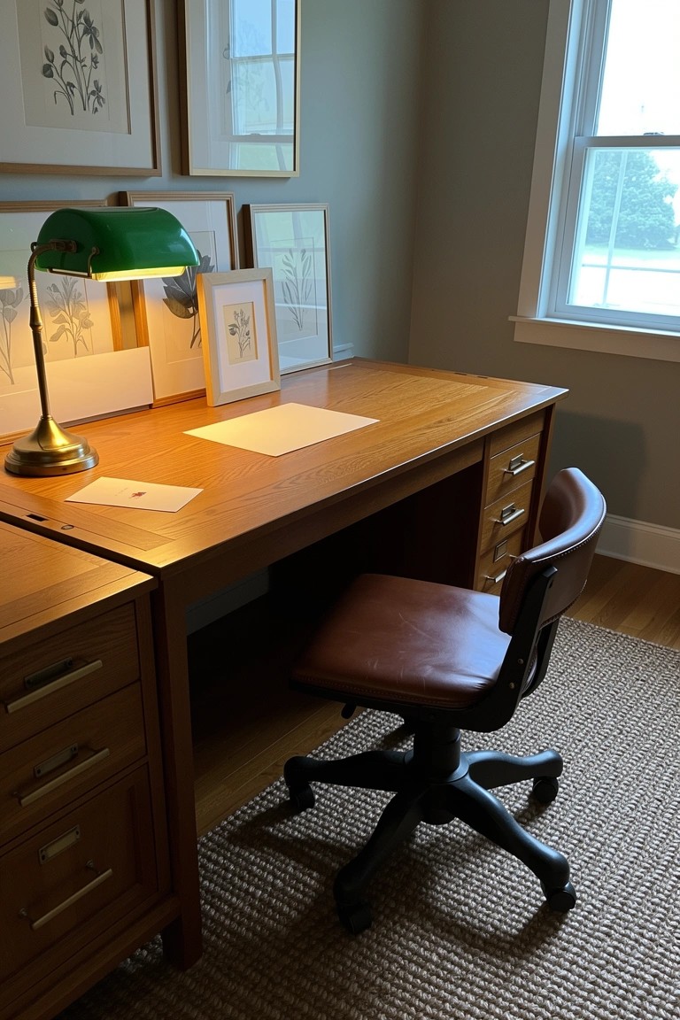 Sturdy wooden desk with green shaded lamp and leather chair in a light gray home office
