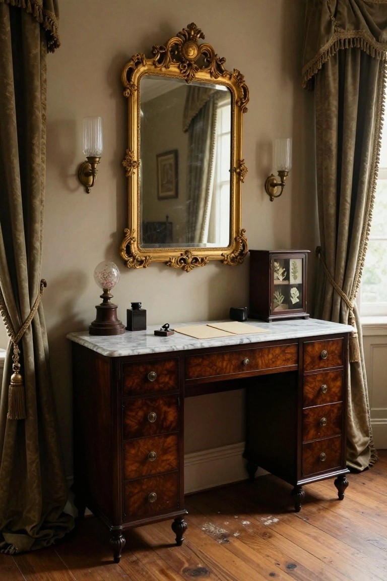 A dark wood antique desk with a marble top is positioned below an ornate gold mirror on a beige wall, flanked by wall sconces and heavy curtains.