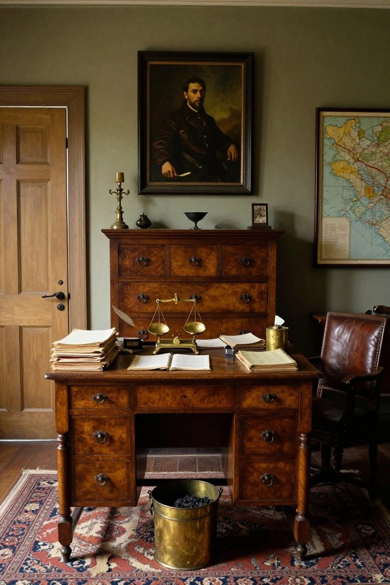A wooden antique desk with multiple drawers sits in a room with a large portrait above a matching credenza, a map on the right wall, and a leather chair nearby.