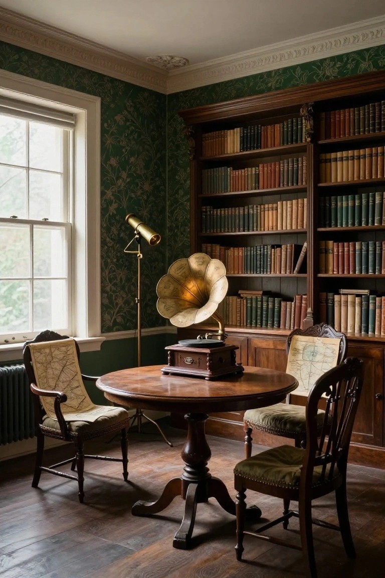 An interior view of a room with floor-to-ceiling wooden built-in bookshelves filled with books, a round wooden table holding a vintage gramophone, two upholstered chairs, and a window on the left wall.