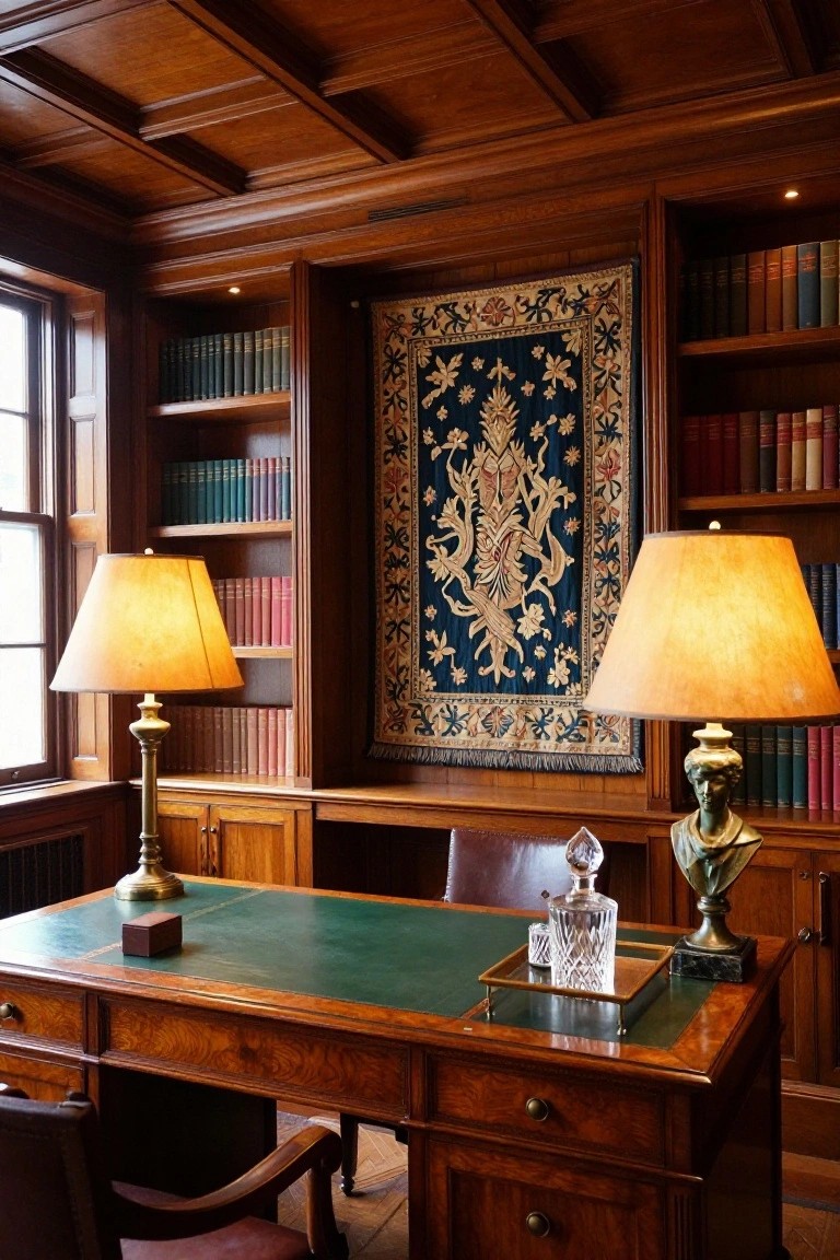 A wooden home office with a green leather desk, two brass lamps, built-in bookshelves filled with books, and a large blue tapestry centered on the back wall.
