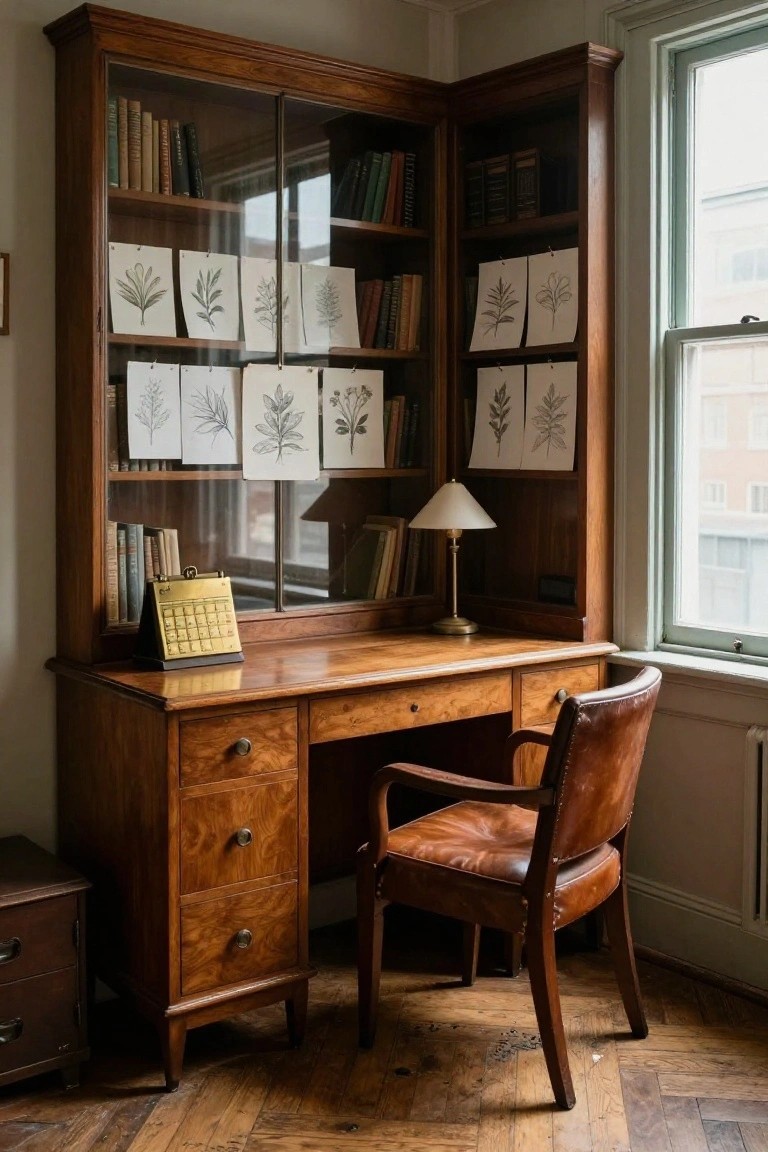 A wooden built-in desk and hutch with glass doors in a home office, shown with a brown leather chair and a desk lamp.