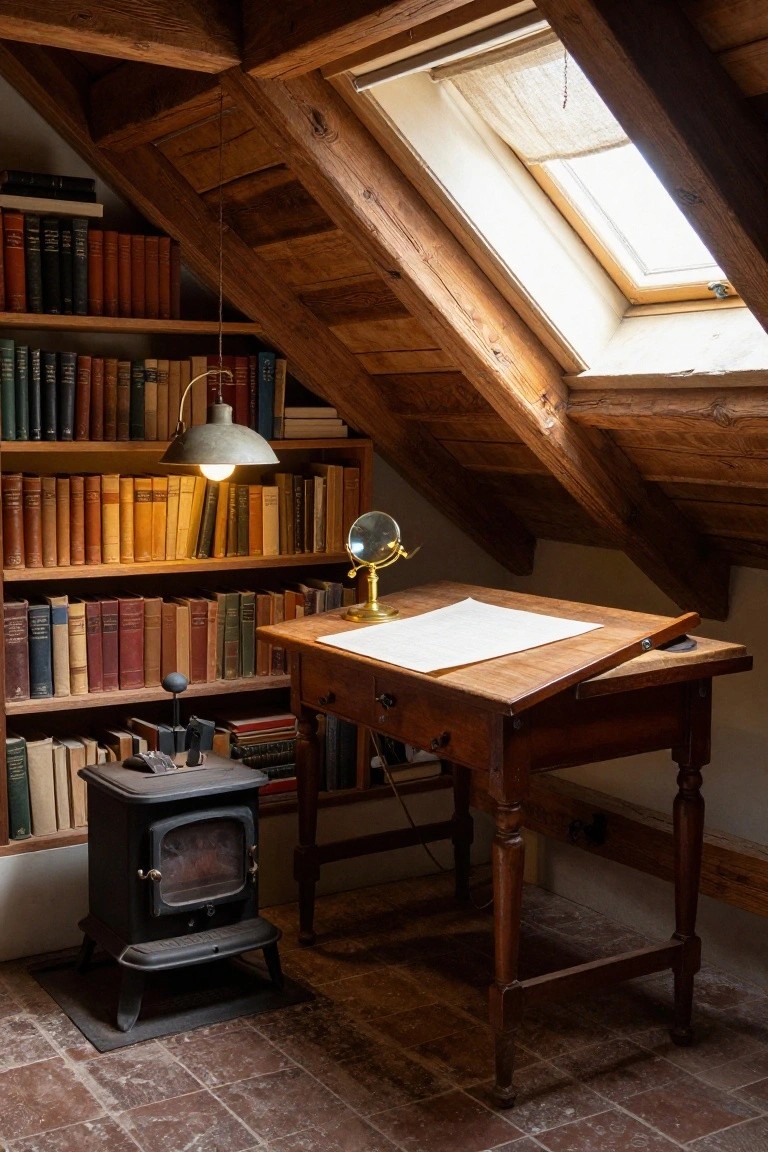 An attic room with wooden bookshelves lining sloped walls, a wooden desk with papers, a brass lamp, and a small black stove on a tiled floor.