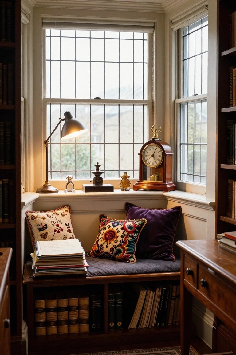 Interior view of a built-in window bench with blue cushion, patterned pillows, and open shelving holding books beneath a large multi-pane window in a wood-paneled room.