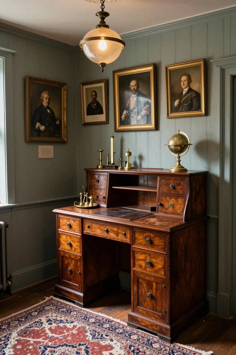A large wooden antique desk with multiple drawers and a leather surface sits in a room with sage green walls, several framed portraits above it, and a red patterned rug on the floor.