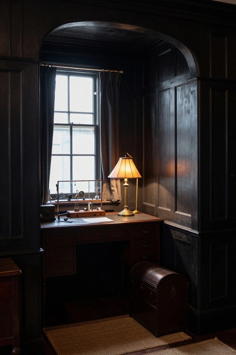 A dark wood paneled office interior showing a desk positioned under a window with a lit brass lamp and an arched opening on the right.