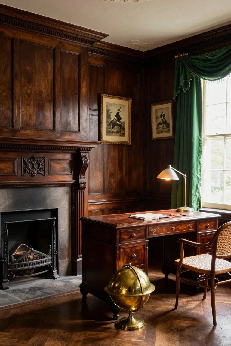 A traditional home office with full dark wood paneling, a wooden desk, fireplace, and brass globe on the floor.