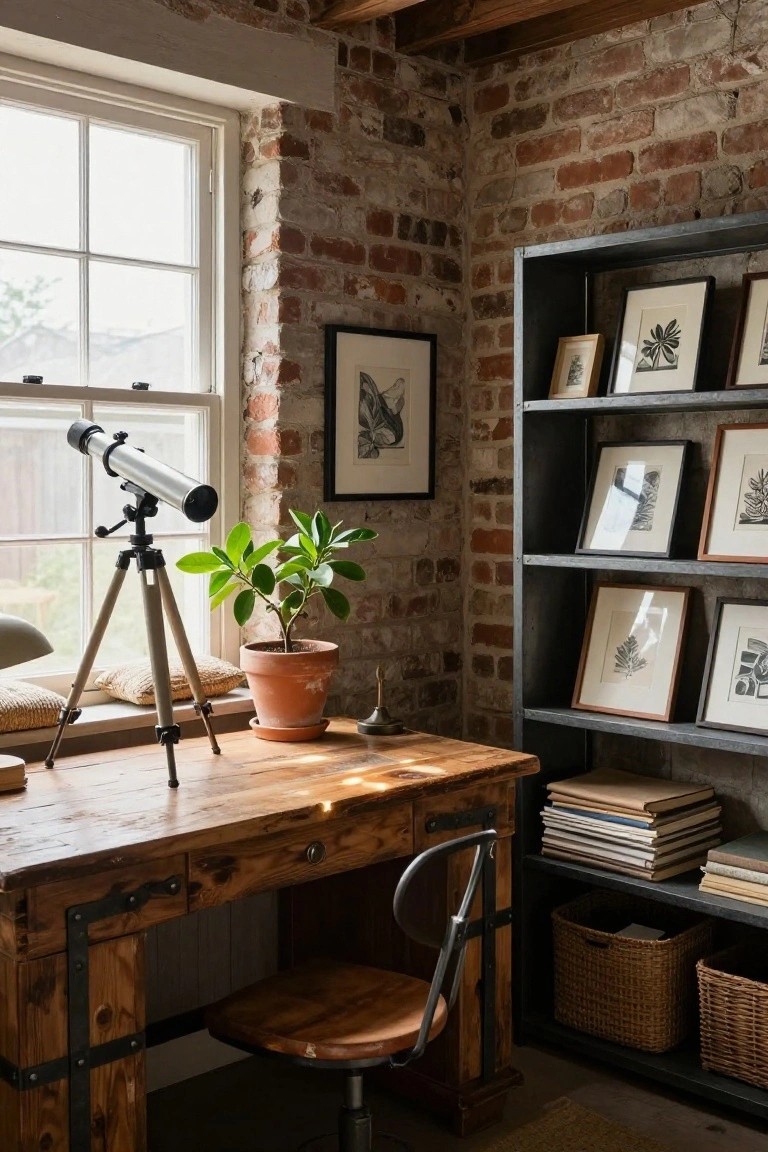 A wooden desk with a telescope and potted plant sits in front of an exposed brick wall, next to a tall metal bookshelf filled with framed prints and stacked books.