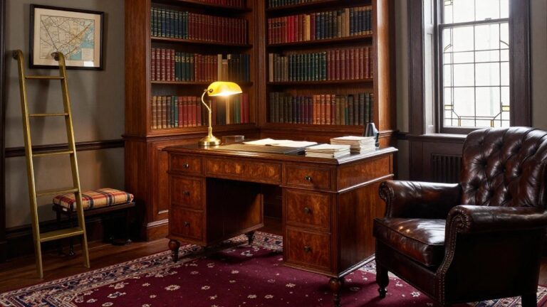 18 Antique Inspired Gentleman Office Ideas with Historic Detail A wooden desk with papers and a brass lamp sits in front of floor-to-ceiling dark wood built-in bookshelves filled with books in a traditional office.