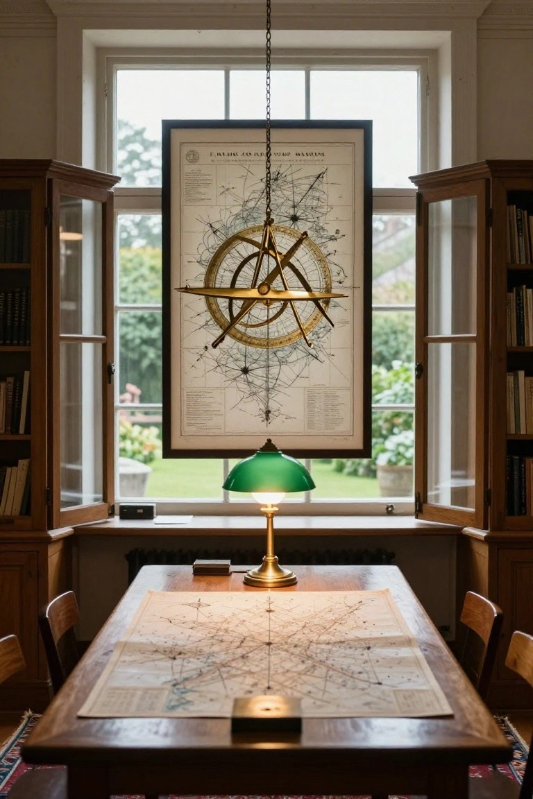 A wooden desk with maps on it sits in front of a window, centered under a large framed star chart with a brass instrument hanging in front, flanked by open bookshelves.