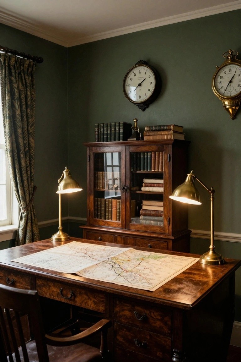 Vintage wooden desk with map under lit brass lamps, bookcase and clocks on green wall